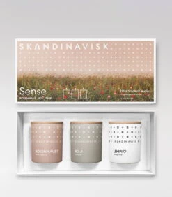 Skandinavisk Tuoksukynttiläsetti 3 Kpl, SENSE -Hay || Menu || Louis Poulsen Kauppa SENSE Box GiftSet 3x65g Full darkgrey HIGH